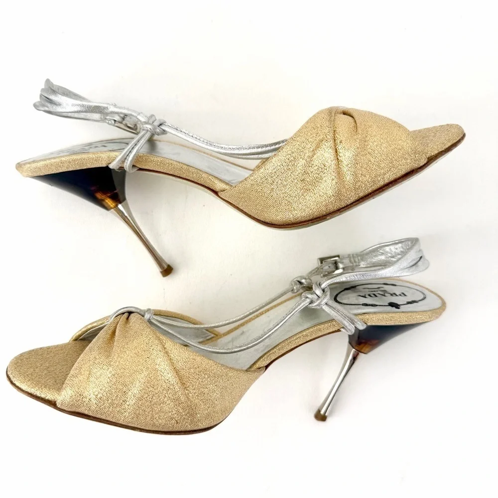 PRADA | Vintage Gold & Silver Metallic Knot Heels Tortoise Stiletto 36.5